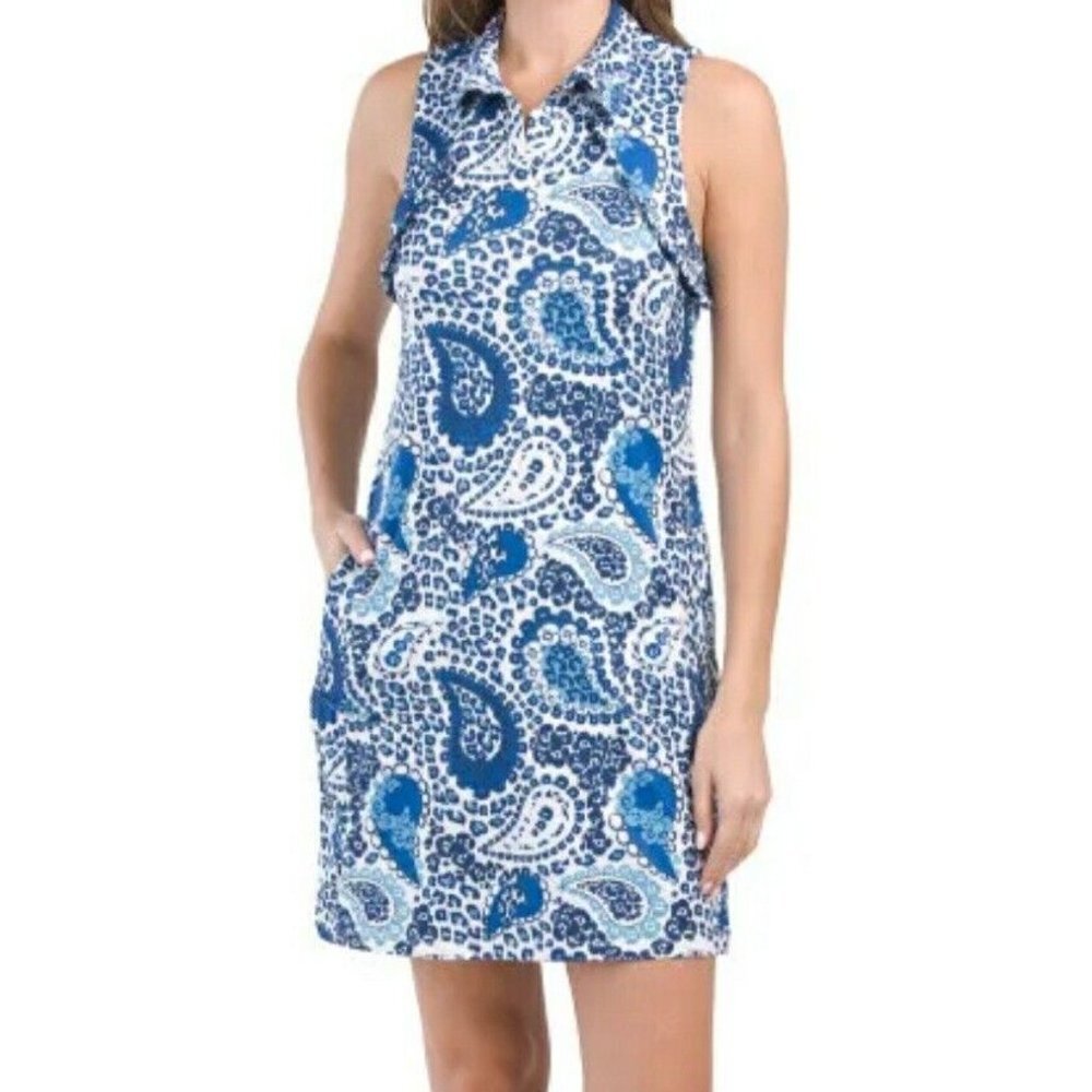NWT Gottex Golf & Tennis Upf 50 Golf Cara Ruffle Dress Blue Paisely Small S